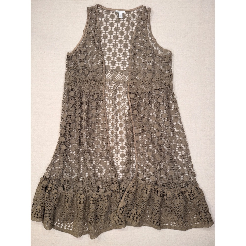 Cato Womens One Size Crochet Lace Kimono Vest Open Front Sleeveless Olive Taupe